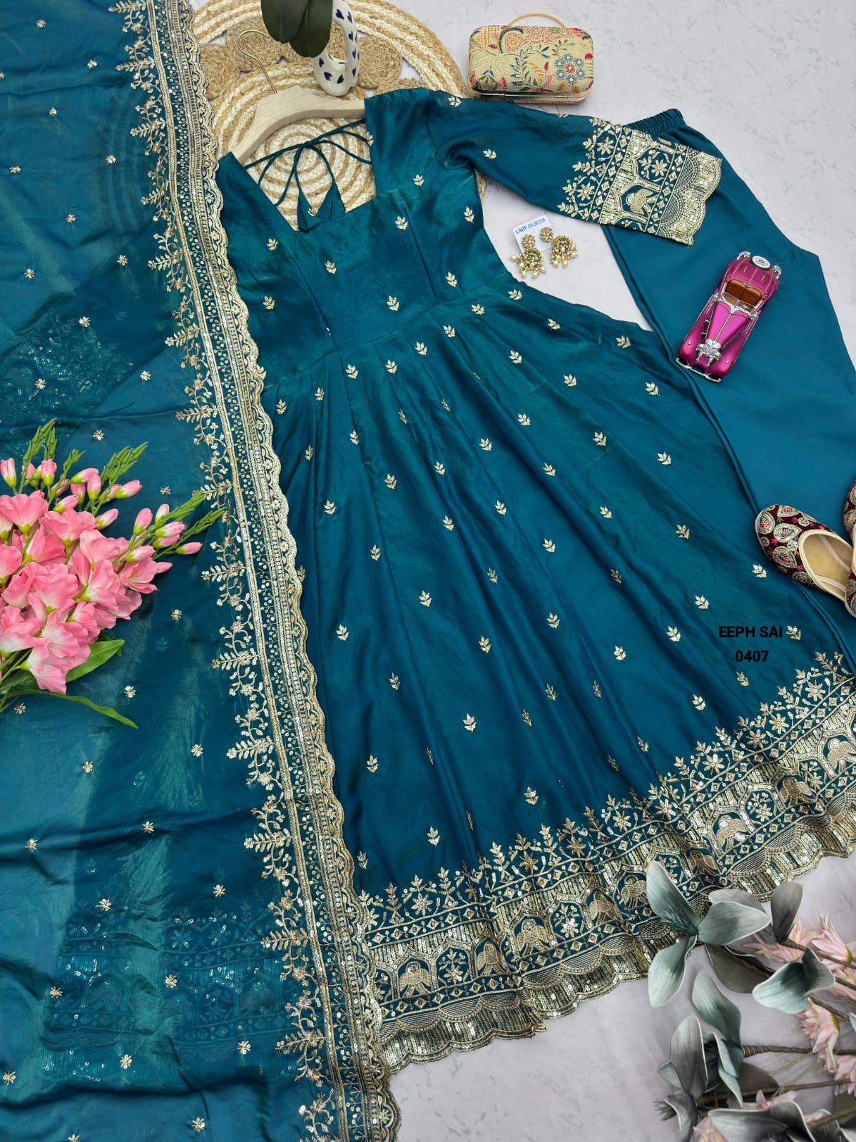 Celestial Spark Embroidered Silk Gown Set